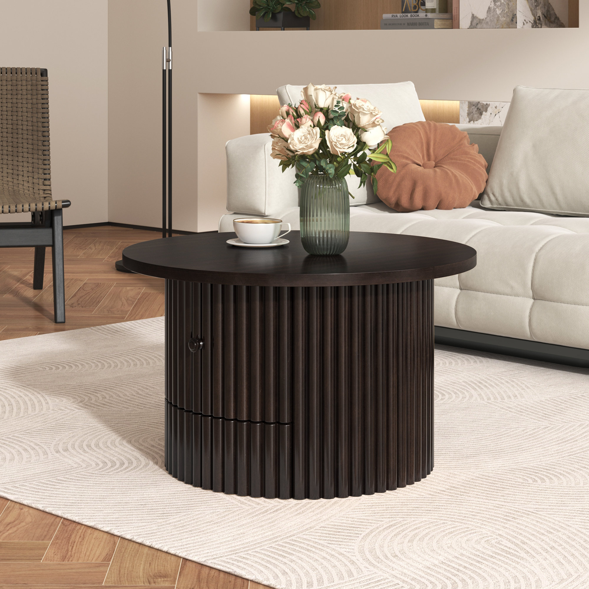 Ebern Designs 30.5" Farmhouse Round Coffee Table - Dark Brown MDF With ...